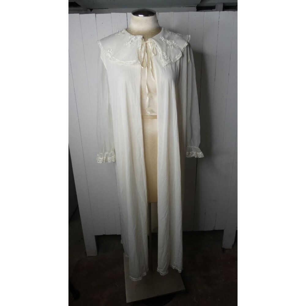 VTG Dutchmaid 17 /L  Ivory Semi Sheer Long Open Robe Romantic Lace Dressing Gown
